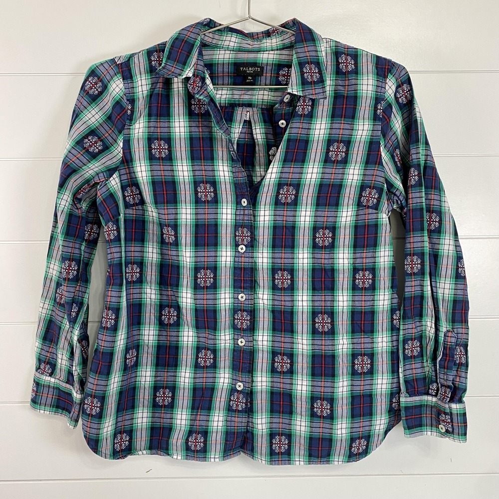 Talbots Shirt Womens Medium Petite‎ Blue Green Plaid Button Front Long Sleeve